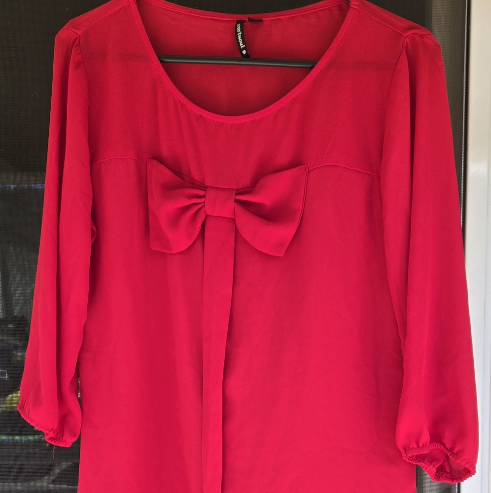 Heart Soul Holiday Christmas Party Bow Blouse Sz S